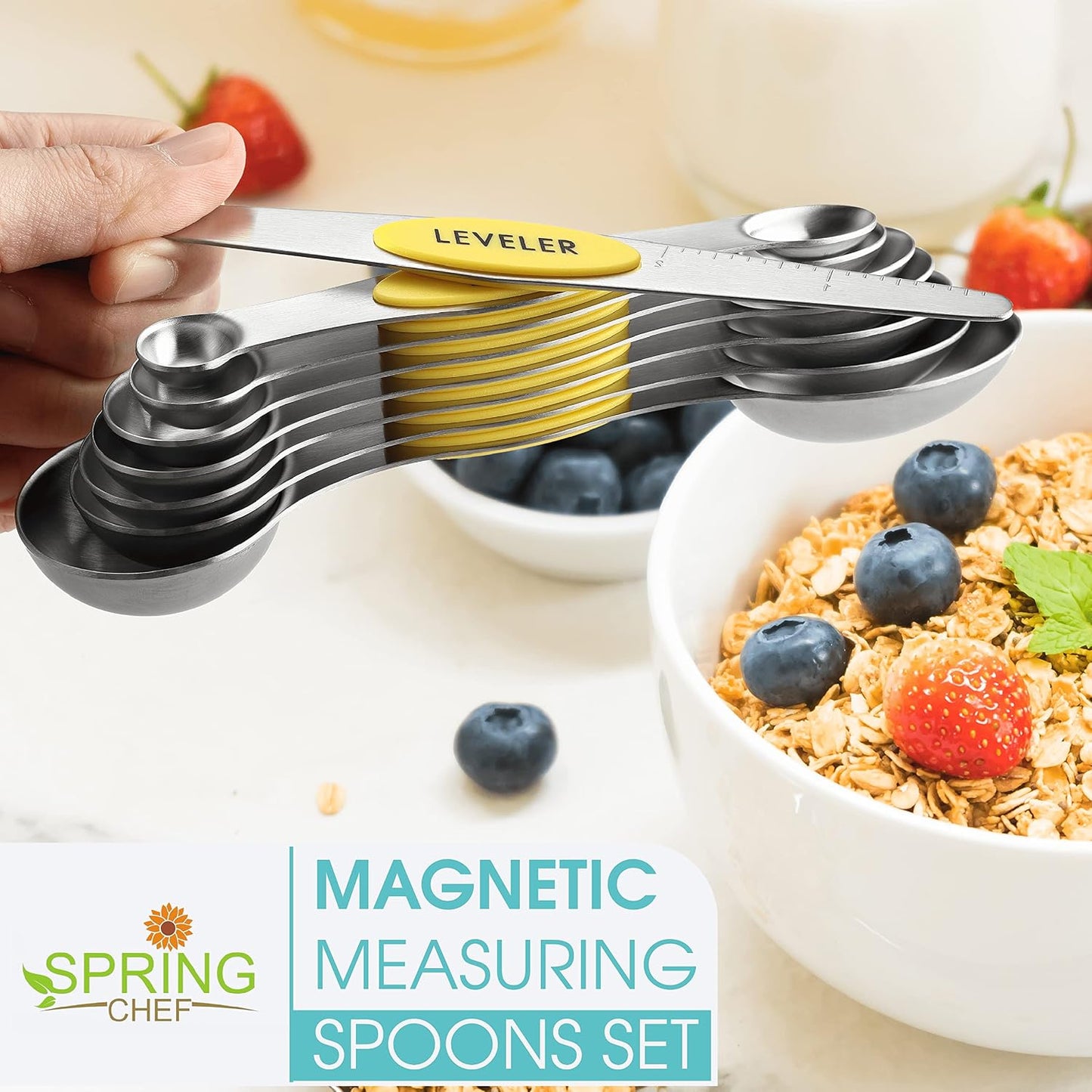 Spring Chef Stainless Steel Magnetic Measuring Spoons Set with Strong N45 Magnets, Heavy Duty Metal Kitchen Gadgets for Baking & Cooking, Fits in Most Kitchen Spice Jars, Set of 8 with Leveler, Black