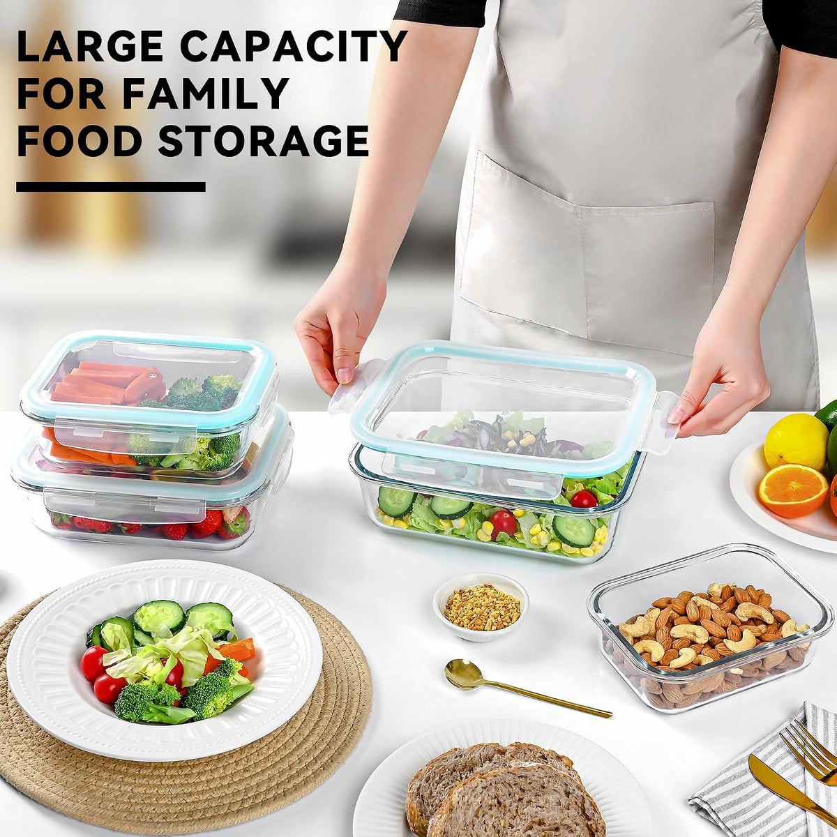 GEHE 4 Pack Large Glass Storage Containers with Airtight Lids, 78/52/36/22oz Glass Meal Prep Food Storage Containers for Baking, Storing, Leakproof, BPA Free, Microwave/Freezer/Dishwasher Safe