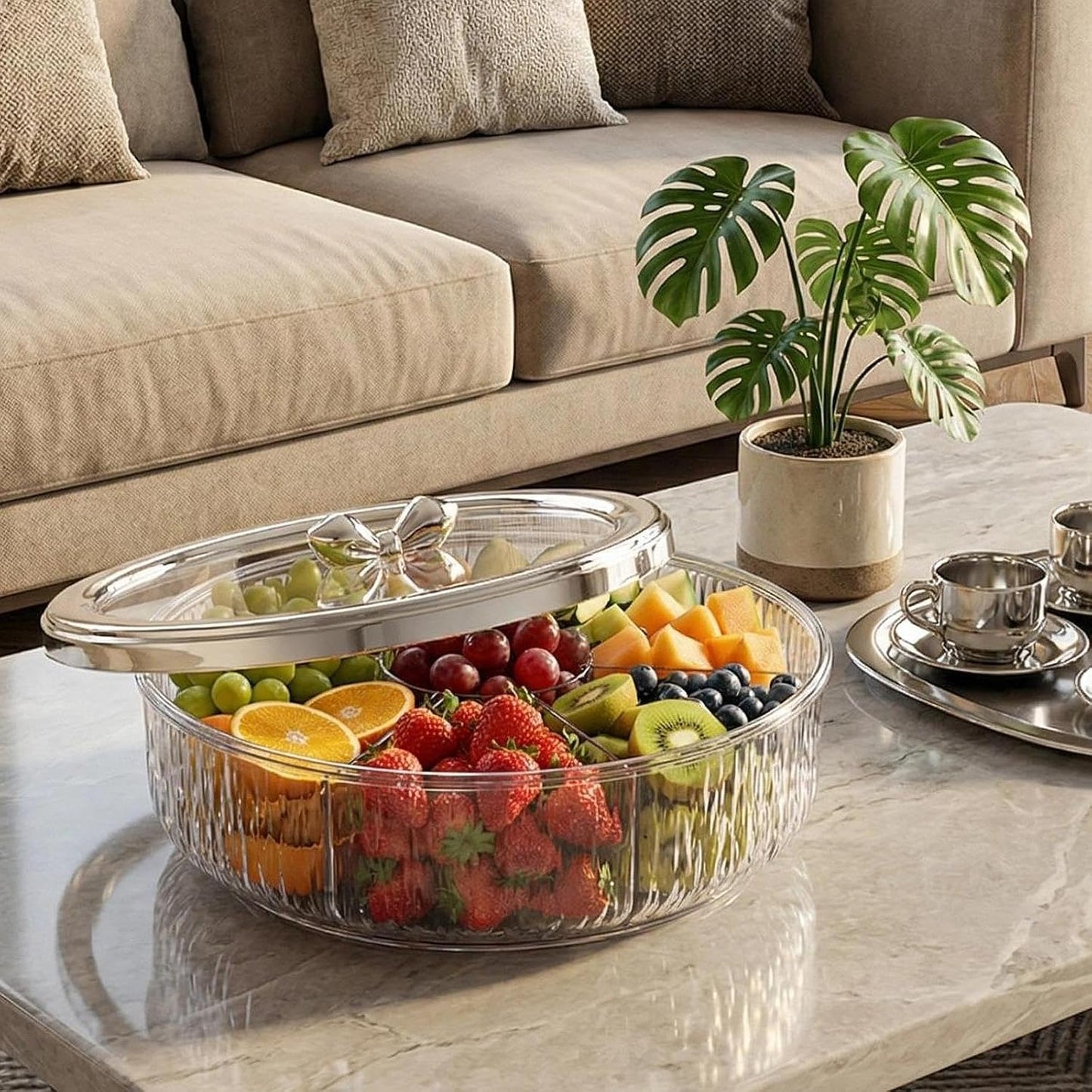 Amagogo Divided Serving Tray with Transparent Lid Snack Tray Rotatable Base Appetizer Platter with 6 Compartments Dessert Dish Suitable for Gift Giving Home D, Golden Bow