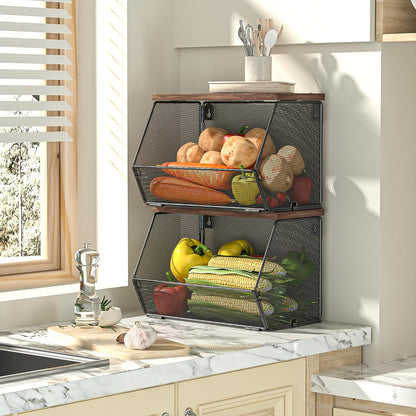 Stackable Fruit Basket for Kitchen Countertop Space Saving, Wall Mounted Mesh Metal Wire Baskets with Wood Lid Extra Storage, 2 Pack Kitchen Counter Organizer for Snack, Onion and Potato Storage