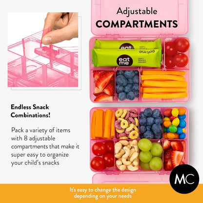 Large Kids Snack Box Containers Set of 2 -100 Labels, BPA-Free, Adjustable Compartments, Dishwasher Safe, Reusable Tray, Food Grade, Meal Prep Container, PARENT TESTED PARENT APPROVED AWARD (Clear)