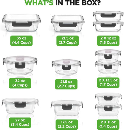 NutriChef 24pcs Glass Food Storage Containers, (12 Stackable Heavy Duty Meal Prep Containers w/ 12 Airtight Lids), Microwave, Freezer, & Dishwasher Safe for Food, Snacks, Fruit & More, (Gray)