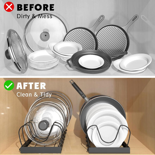 2PACK Pot Lid Organizers Inside Cabinet for Kitchen, Pots and Pans Organizer Under Cabinet with 16 Adjustable Dividers, Countertop Lid Holder, Rust-Resistant, Tool-Free Installation, Easy to Clean