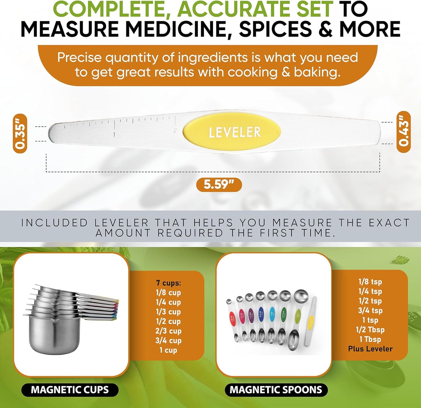 Spring Chef Magnetic Measuring Cups & Spoons Set, Patented, Strong N45 Magnets, Heavy Duty Stainless Steel Fits in Spice Jars for Baking & Cooking, BPA Free, Round Set of 15 with Leveler, Black