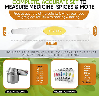 Spring Chef Magnetic Measuring Cups & Spoons Set, Patented, Strong N45 Magnets, Heavy Duty Stainless Steel Fits in Spice Jars for Baking & Cooking, BPA Free, Round Set of 15 with Leveler, Black