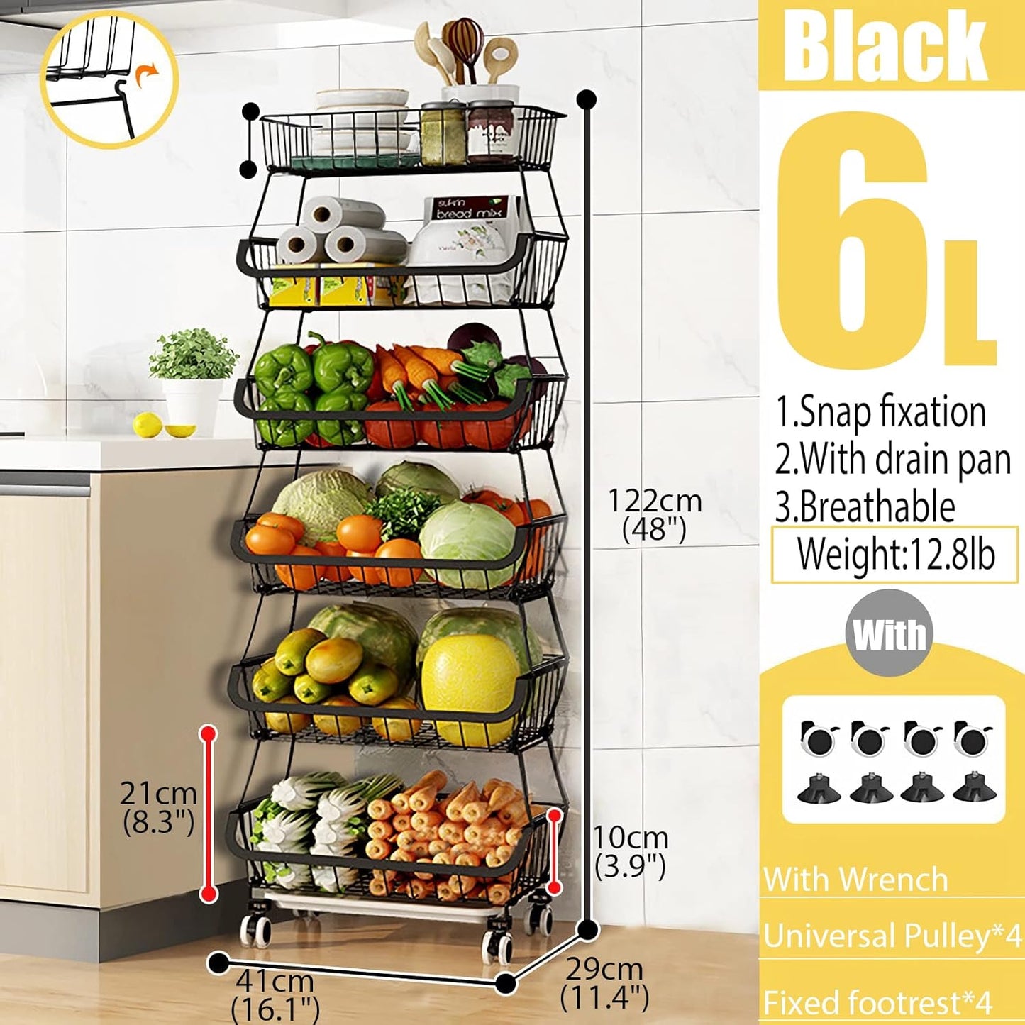 MURRI&MURRDI Fruit Vegetable Storage Basket with Wooden Lid, 6 Tier Stackable Wire Kitchen Cart with Wheels, Tall Produce Snack Racks Display, Narrow Rolling Cart for Pantry Onion Potato, Black