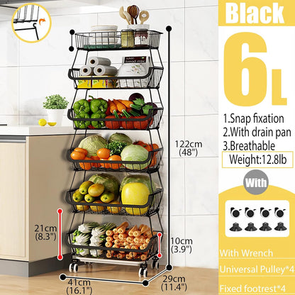 MURRI&MURRDI Fruit Vegetable Storage Basket with Wooden Lid, 6 Tier Stackable Wire Kitchen Cart with Wheels, Tall Produce Snack Racks Display, Narrow Rolling Cart for Pantry Onion Potato, Black