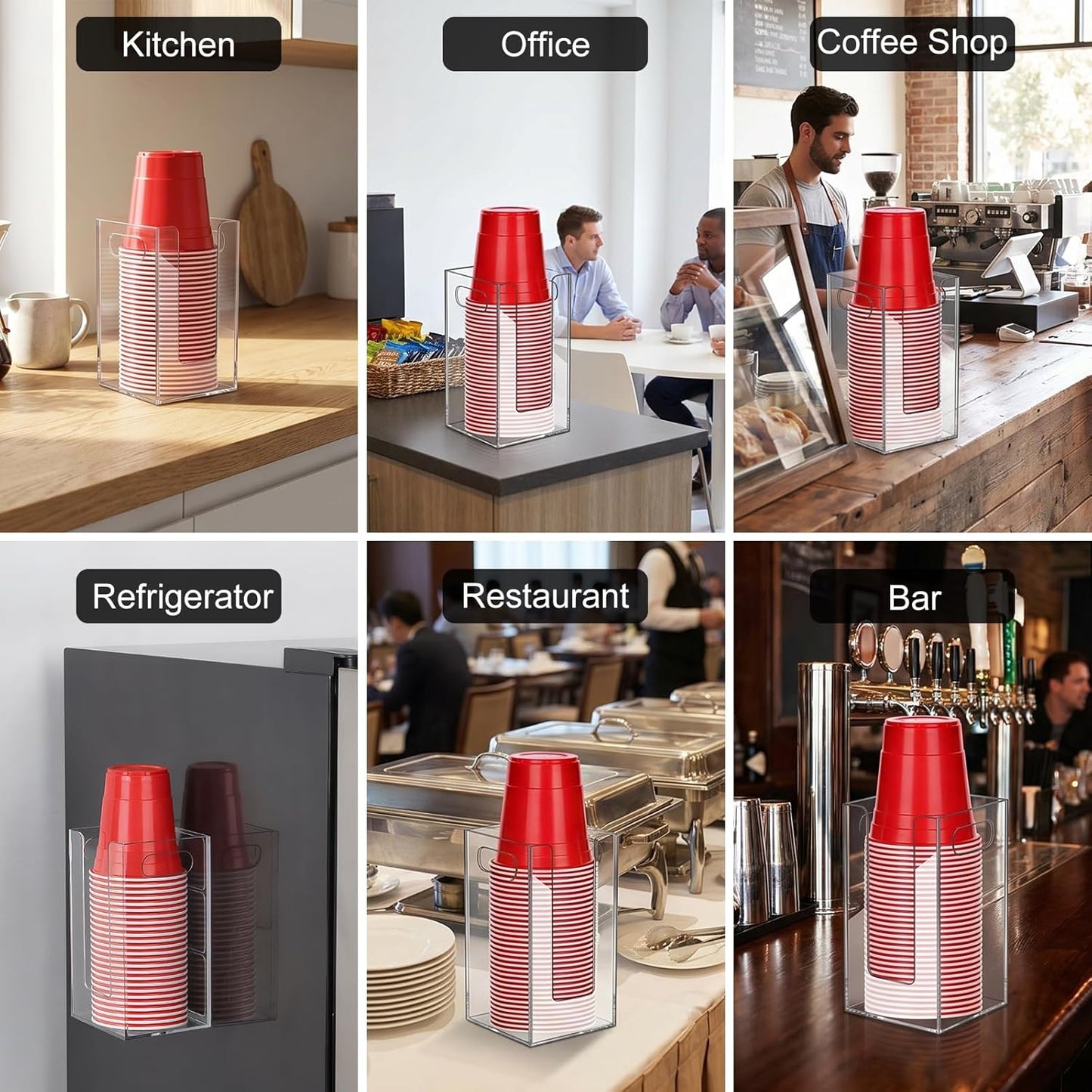 Cup Dispenser, Wall Mount Cup Holder Fits Cups Up to 18 oz, Disposable Paper & Plastic Coffee Cup and Lid Organizer for Countertop Bar, Kitchen, Breakroom Restaurant