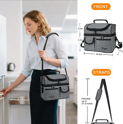 Tirrinia Reusable Lunch Box for Men Women, Insulated Lunch Bag Adult Work, Double Decker Leakproof Lunchbox for Office Picnic Beach—Dual Compartment Lunch Cooler Bag
