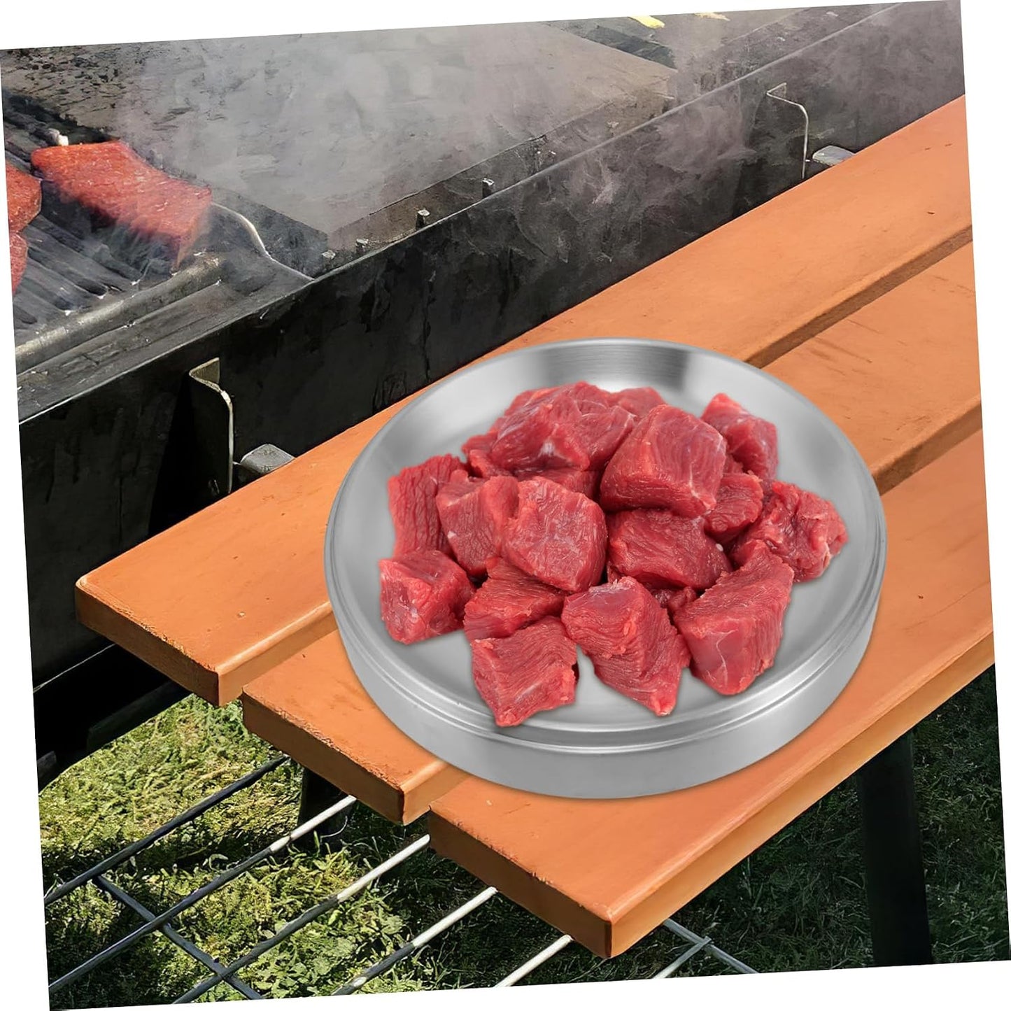 OUNONA Stackable Stainless Steel Griddle Plate for Bbq and Grilled Side Dishes Round Serving Tray for Food Prep and Outdoor Cooking Versatile and Space-saving Design