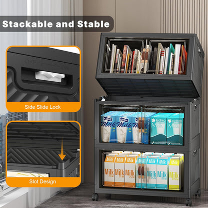 UAMFURI 720QT Stackable Storage Bins with Lids, Extra Large Storage Cabinet with Doors and Wheels, Collapsible Plastic Storage Box for Bedroom Dorm Office Garage