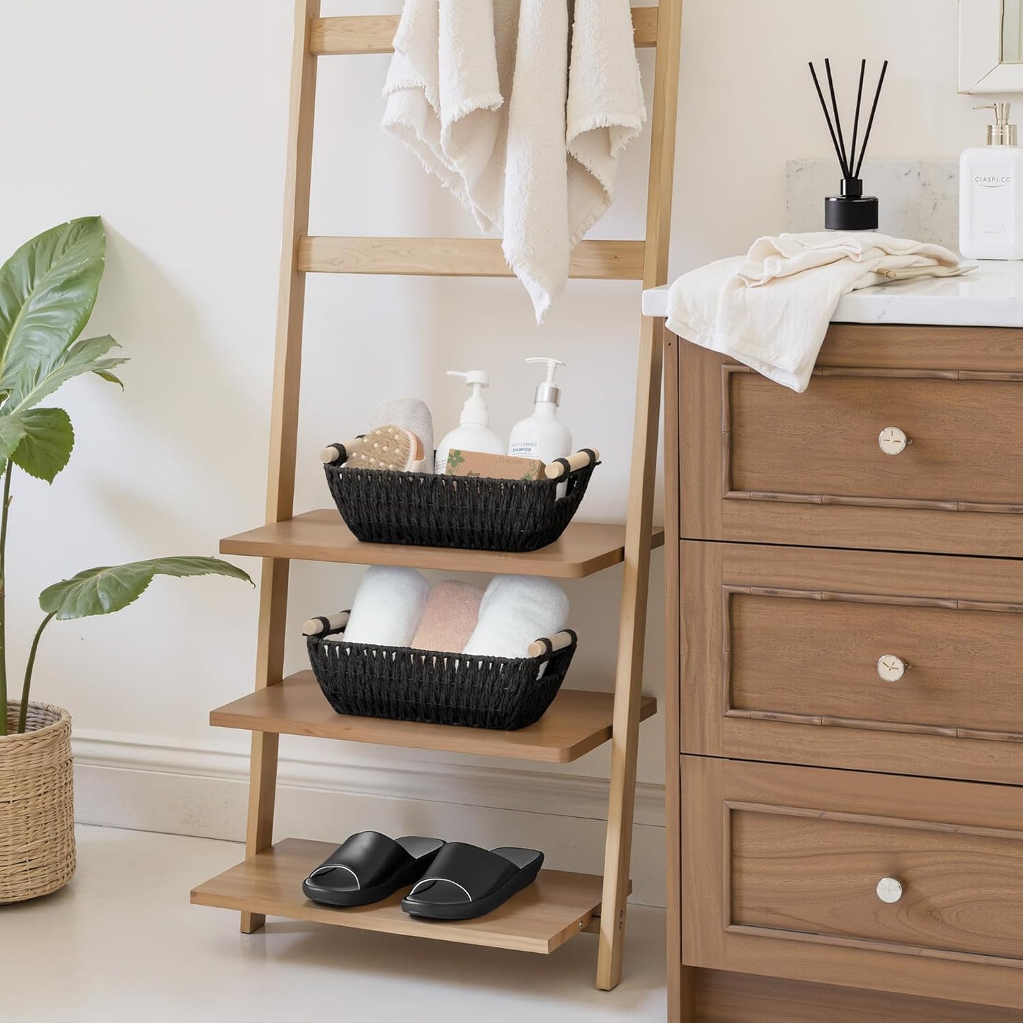 StorageWorks Hand-Woven Storage Baskets with Wooden Handles, Water Hyacinth Wicker Baskets for Organizing, 2 Pack