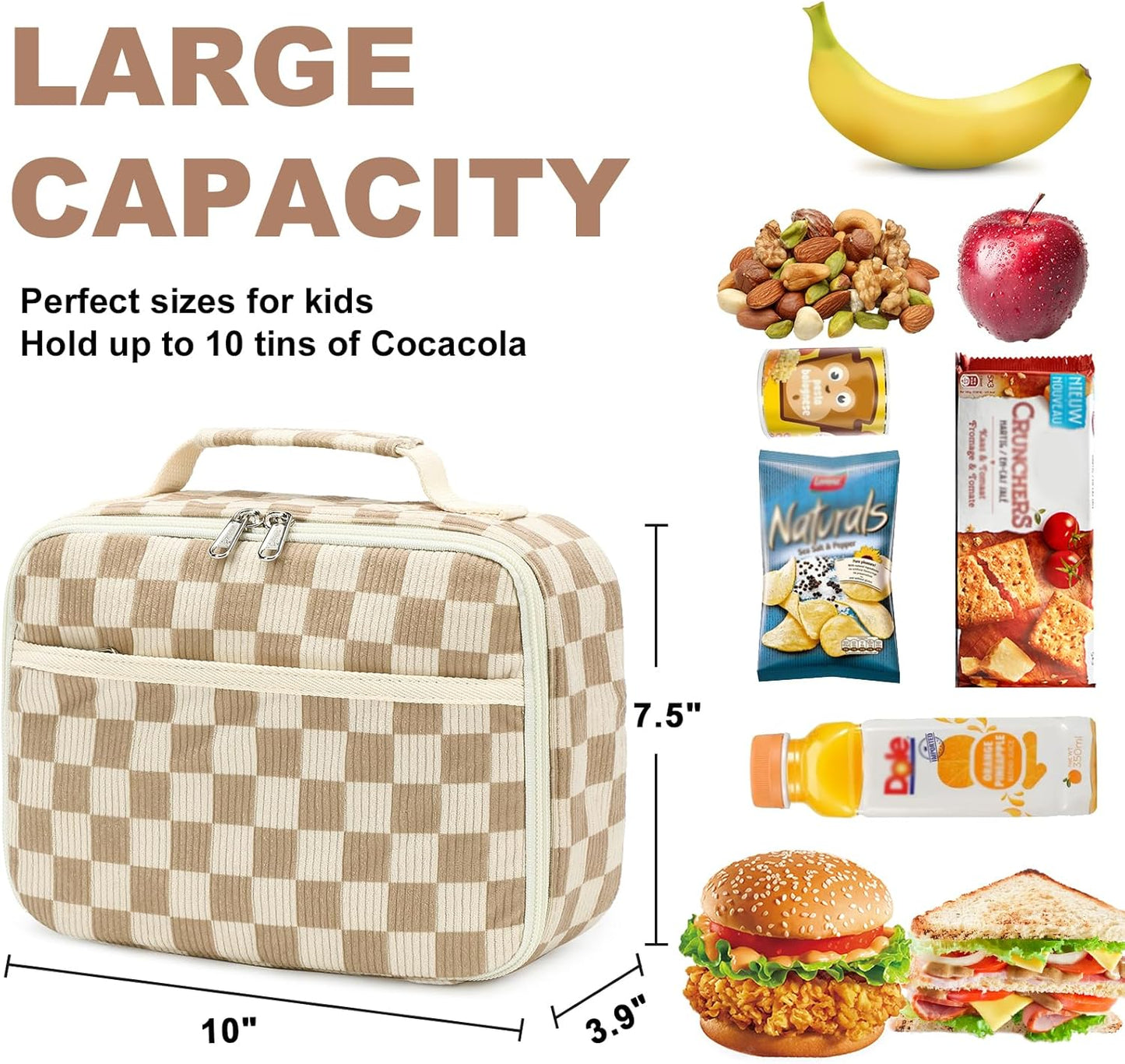 Bluboon Insulated Lunch Bag for Girls & Boys, Corduroy School Lunch Box with Cooler & Organizer Compartments, Leak-Proof Lunch Tote for School, Travel (Corduroy Strawberries Beige)