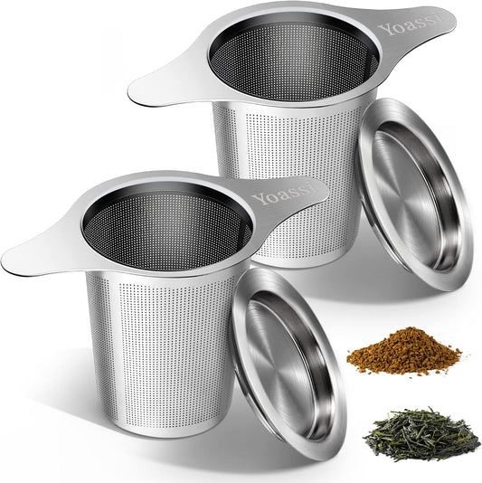 Extra Fine 18/8 Stainless Steel Tea Infuser Mesh Strainer with Large Capacity & Perfect Size Double Handles for Hanging on Teapots, Mugs, Cups to Steep Loose Leaf Tea and Coffee (2 Pack)
