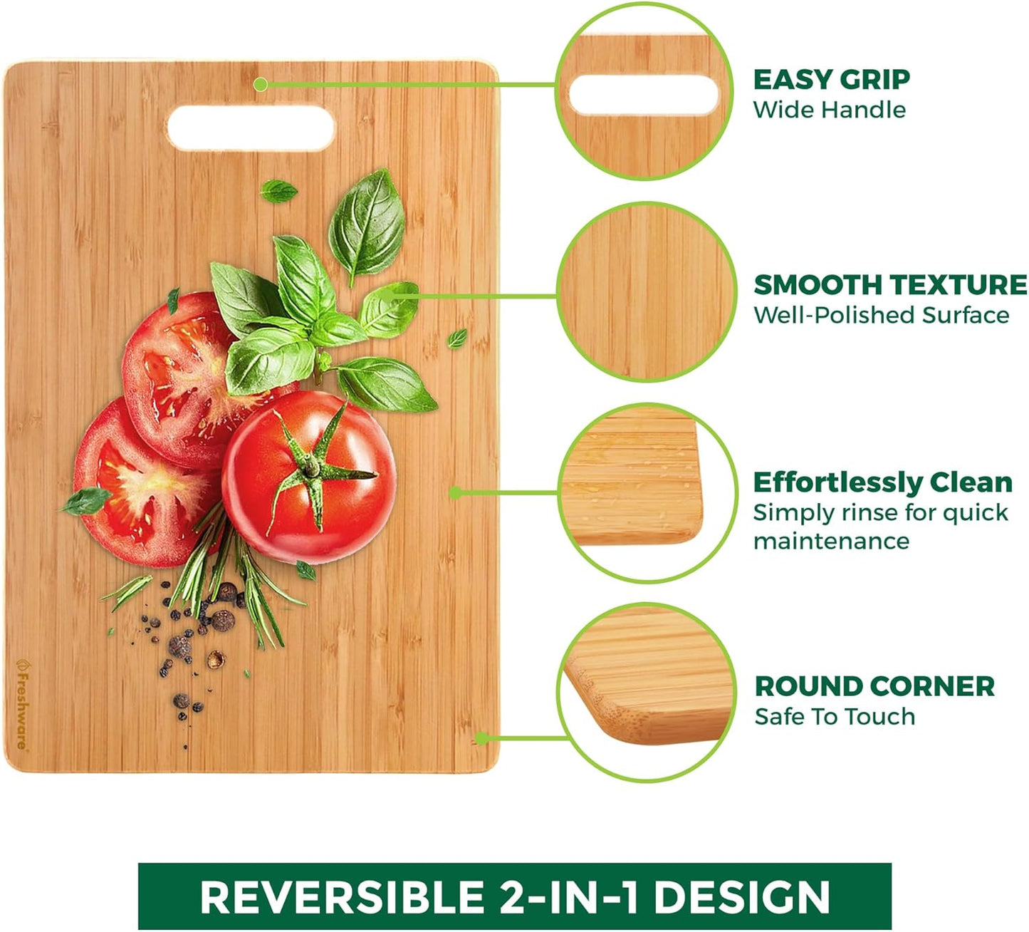 Freshware Wood Cutting Boards for Kitchen - Bamboo Cutting Board Set of 3, Cutting Boards with Juice Grooves, Serving Board Set, Chopping Board for Meat, Veggie, Easy Grip Handle (9x6", 12x8", 15x10")