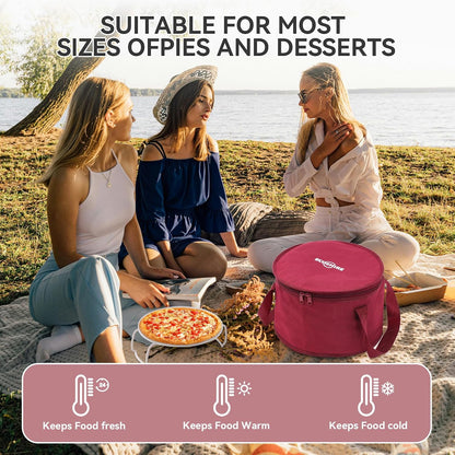 2-Piece Round Pie Carrier Set – 11”x7” Insulated Casserole Carrier with Lid & Handle, Reusable Cooler Thermal Bag for Potluck, Picnic