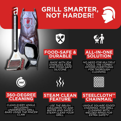 Grill Brush, Steel Bristle-Free BBQ Grill Cleaner with SteelCloth™ Stainless Steel Chainmail, Ergonomic Handle for Cast Iron, Stainless Steel & Porcelain-Coated Grates, 1 Pack