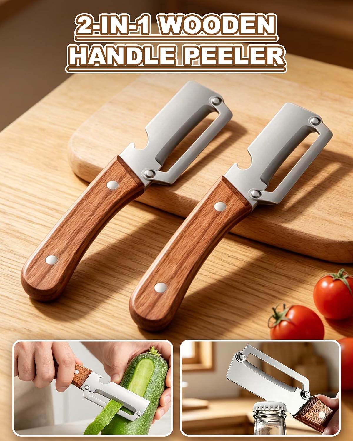 Vegetable Peeler with Wooden Handle and Bottle Opener,2026 Upgrade Multifunctional Stainless Steel Peeler,Vegetable Peeler for Kitchen,Suitable for Vegetables or Fruits that Need to Be Peeled(2PCS)