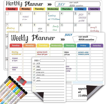 Hivillexun Magnetic Dry Erase Calendar Whiteboard Set (4-Pack) for Home and Kitchen, with Monthly and Weekly Views (16.5” x 11.8”), Magnetic Whiteboard and Daily Planners (12” x 8”) 8 Markers & Eraser