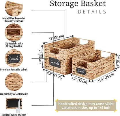 DECOMOMO Wicker Storage Baskets, Handwoven Pantry Baskets, Water Hyacinth Storage Baskets w/Chalkboard and Marker (Natural, Set of 2)