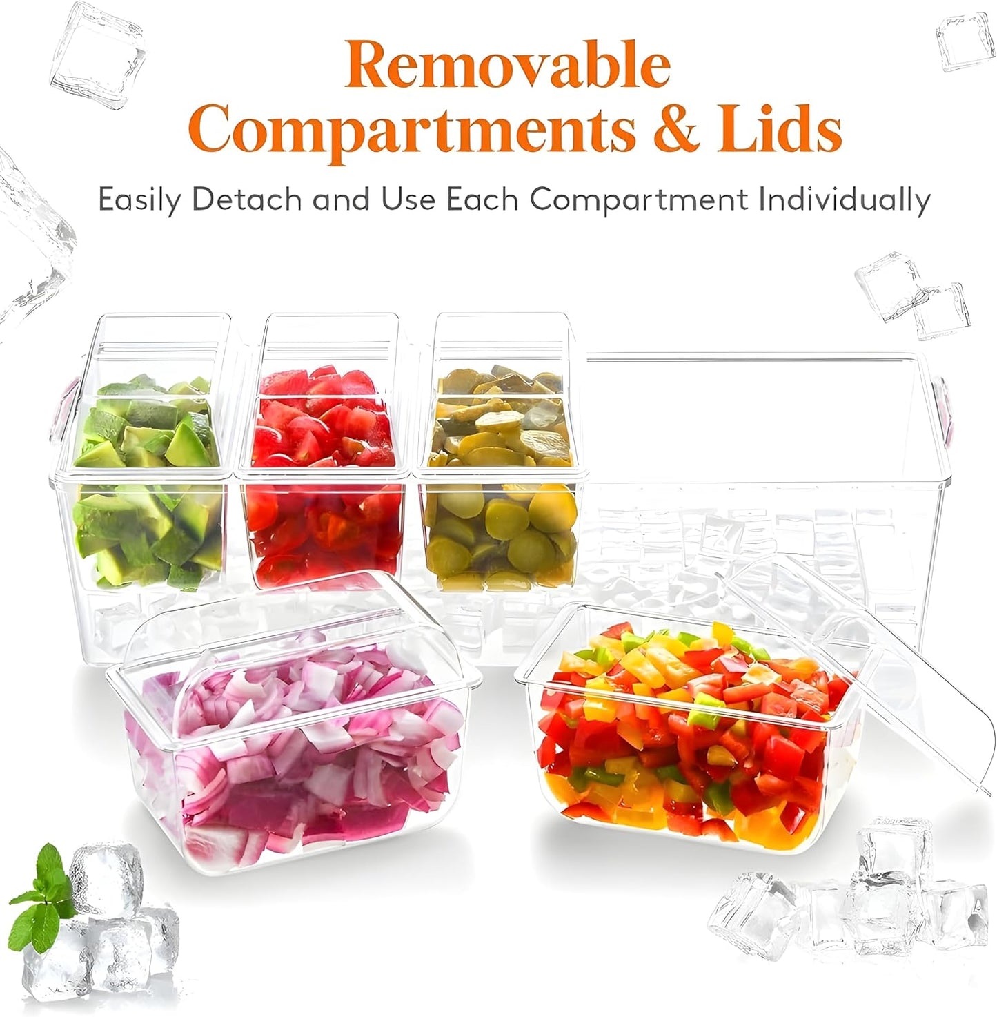 𝐋𝐚𝐫𝐠𝐞 Ice Chilled Condiment Server Caddy with 5 Removable Compartments (2.5 Cup), Clear Garnish Tray with Lids – Fruit, Salad, Taco, Bar Platter – Free Stainless Steel Accesories