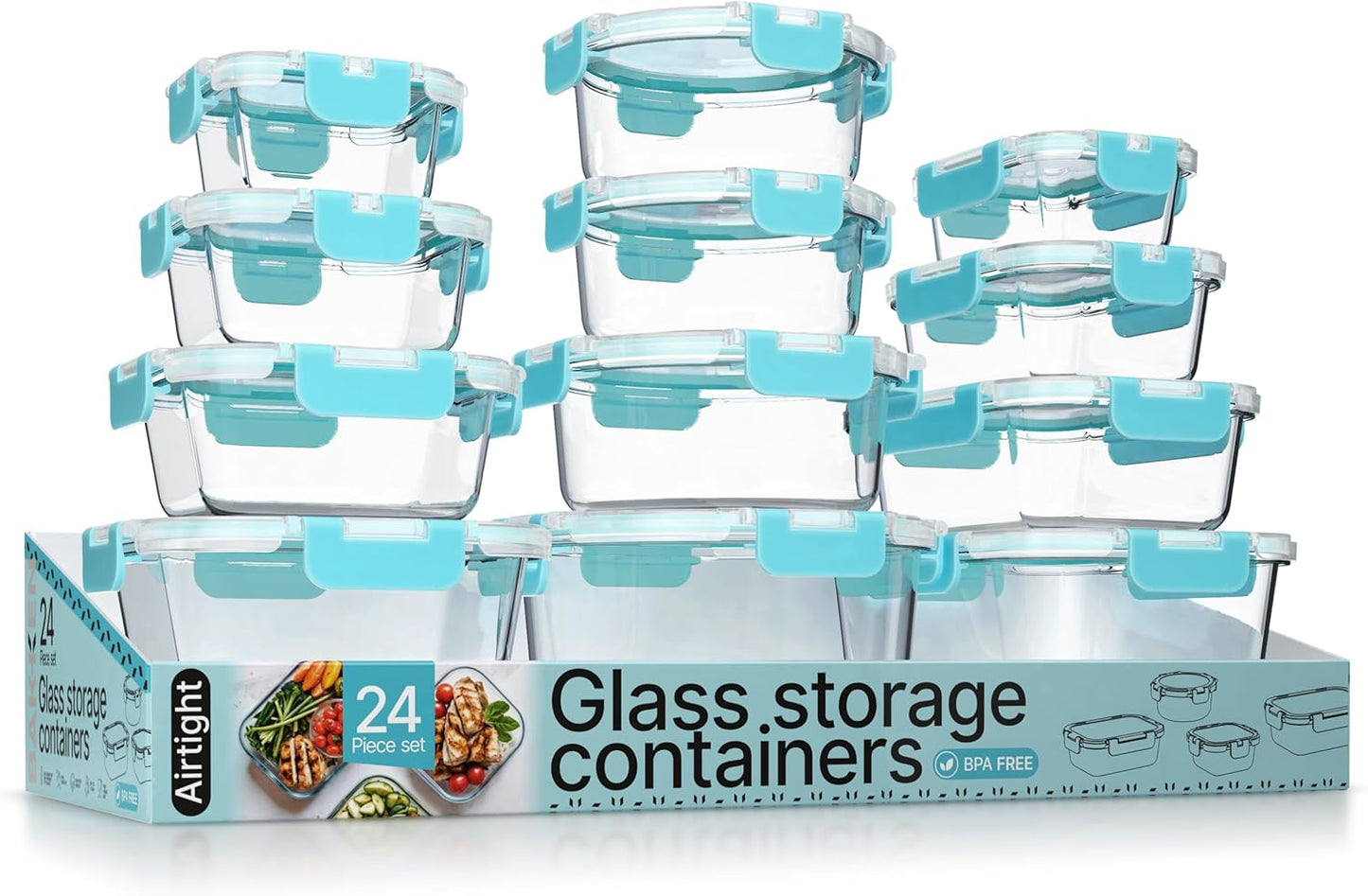 Bakken Borosilicate Glass Food Storage Containers with Lids 24 Pieces, BPA-Free Stackable Lunch & Leftover Containers, Microwave, Freezer & Dishwasher Safe, 100% Airtight Leak-Proof, Gray
