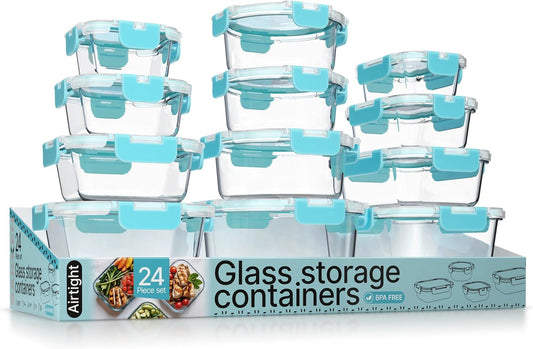 Bakken Borosilicate Glass Food Storage Containers with Lids 24 Pieces, BPA-Free Stackable Lunch & Leftover Containers, Microwave, Freezer & Dishwasher Safe, 100% Airtight Leak-Proof, Gray