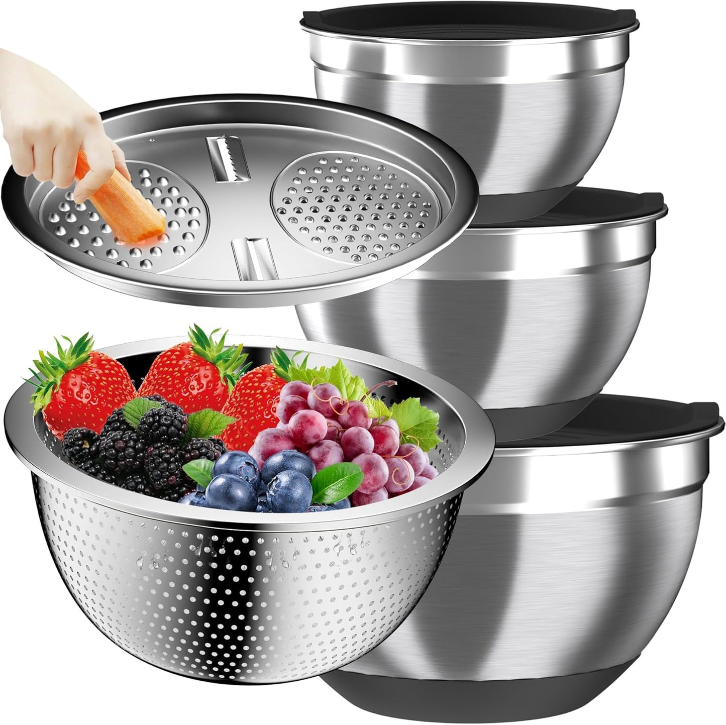 Nicdiet Mixing Bowls with Airtight Lids, Stainless Steel Mixing Bowl Set with 3 Metal Nesting Bowls, Colander & Grater, Non-Slip Bottoms, Size 1.5, 2.5, 5 QT, Great for Mixing & Serving, Khaki