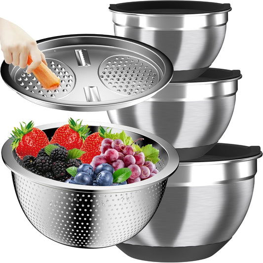 Nicdiet Mixing Bowls with Airtight Lids, Stainless Steel Mixing Bowl Set with 3 Metal Nesting Bowls, Colander & Grater, Non-Slip Bottoms, Size 1.5, 2.5, 5 QT, Great for Mixing & Serving, Khaki