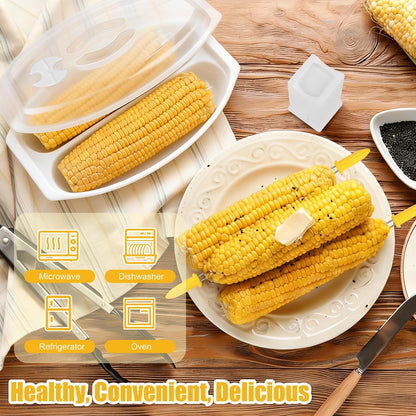 Aneco 2 Piece Microwave Corn Steamer with Lid for Frozen Corns Broccolini Vegetables Dishwasher Safe Corn on The Cob Cooker Holders Butter Dispenser, White