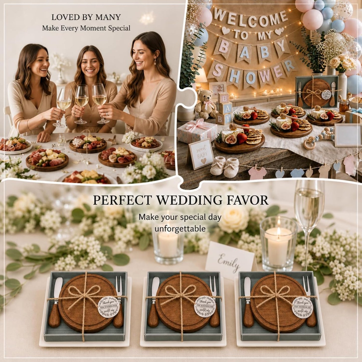 Maxcheck 6 Sets Baby Shower Bridal Game Prizes for Winners Round Cheese Board Set Wood Mini Charcuterie Board with Knives and Forks Thank You Card with Gift Box for Guests Wedding (Bamboo)