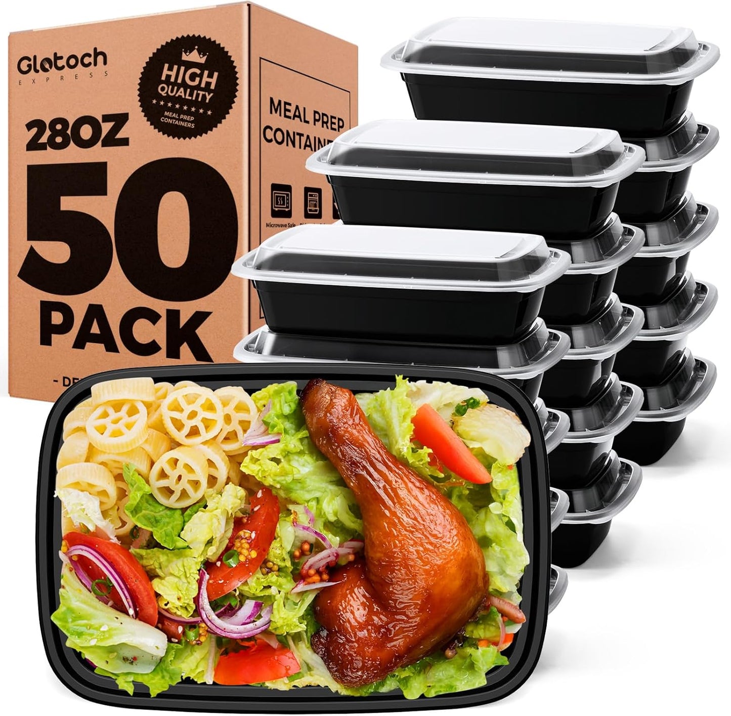Glotoch 10-Pack Meal Prep Containers with Lids (20-Piece Set), 24 oz Reusable Food Storage Containers, Heavy-Duty Leakproof Bento Boxes, BPA-Free, Microwave/Freezer/Dishwasher Safe, Black