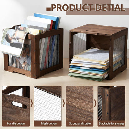 Amyhill 2 Pack Stackable Wood Storage Bins with Metal Wire and Handles 11 x 11 x 11 Inch, Wooden Storage Crate Basket for Shelves Pantry Cube Holder Book Fruit Vegetable Clothes Dark Brown