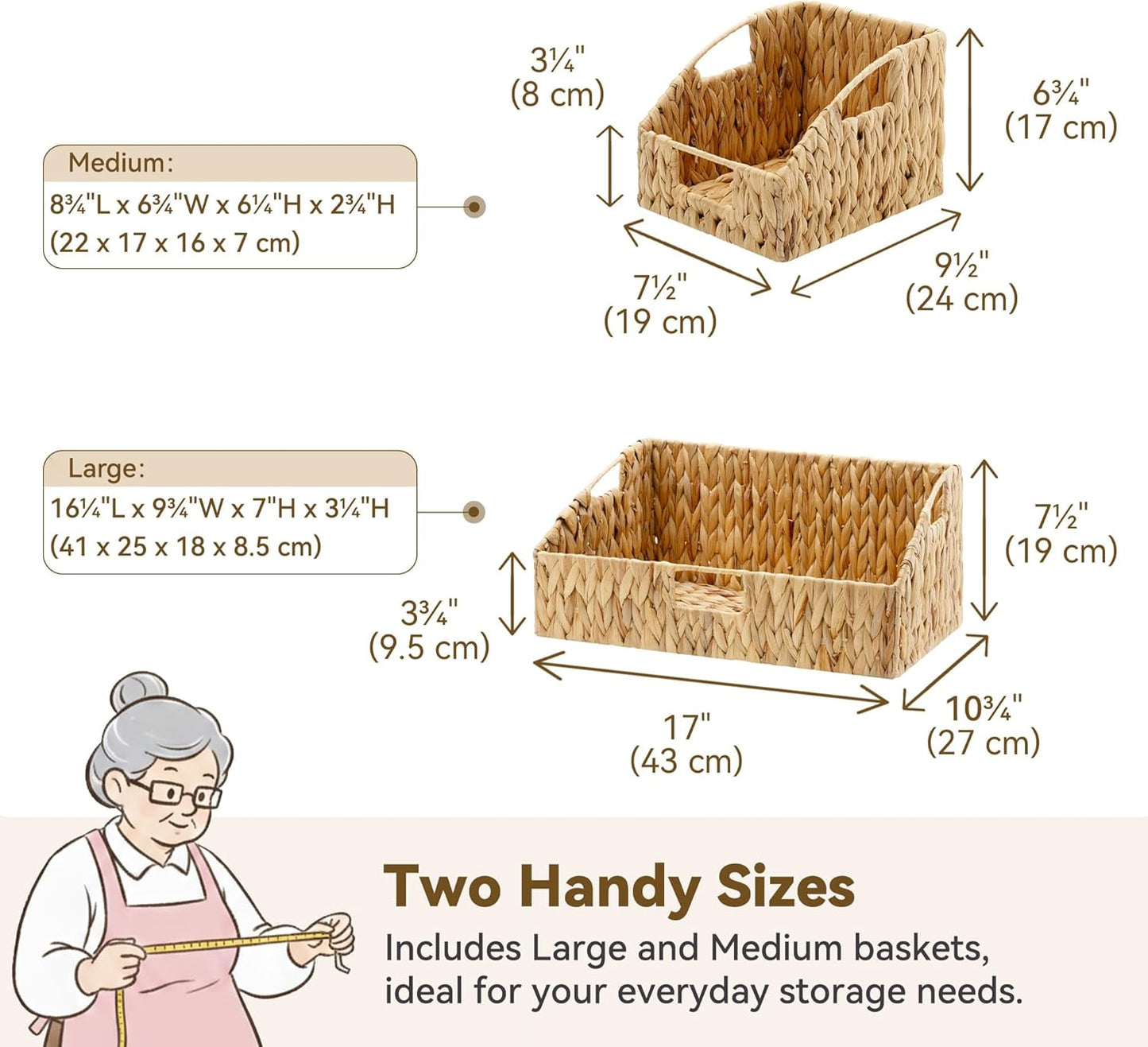 GRANNY SAYS Wicker Storage Baskets for Shelves, Trapezoid Woven Basket with Handles, Storage Wicker Baskets for Pantry, Water Hyacinth, 2-Pack