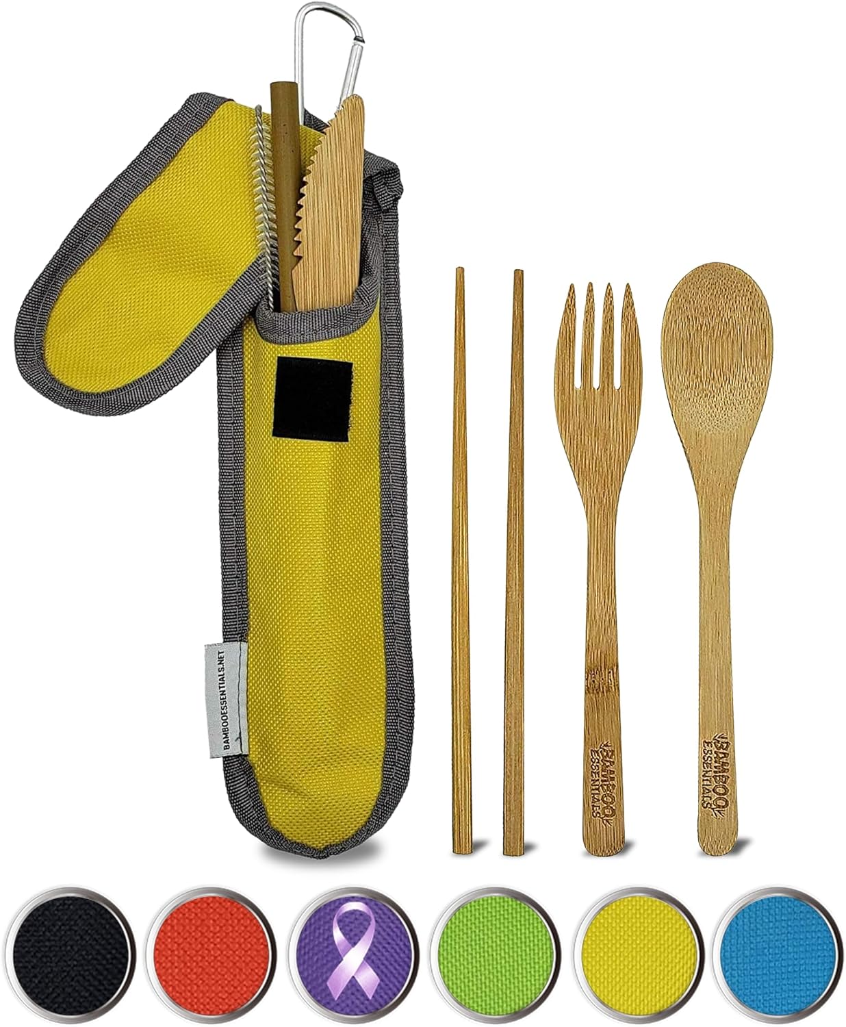 Travel Utensils with Case Set Fork, Knife, Spoon, Chopsticks, Straw, Straw-cleaning brush, Travel Pouch and Carabiner, Excellent For Everyday Use! ((1Set) Sky Blue)