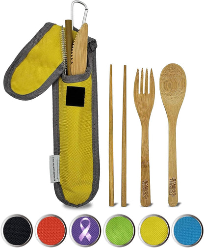 Travel Utensils with Case Set Fork, Knife, Spoon, Chopsticks, Straw, Straw-cleaning brush, Travel Pouch and Carabiner, Excellent For Everyday Use! ((1Set) Sky Blue)