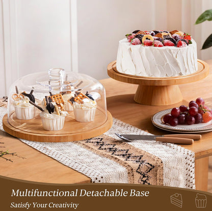 HBlife Cake Stand with Lid (11.4"), Multifunctional Cake Stand with Acrylic Dome, Acacia Wood 6-in-1 Cake Plate Display Stand with Cover for Baking Gifts, Birthday Kitchen Parties, Weddings