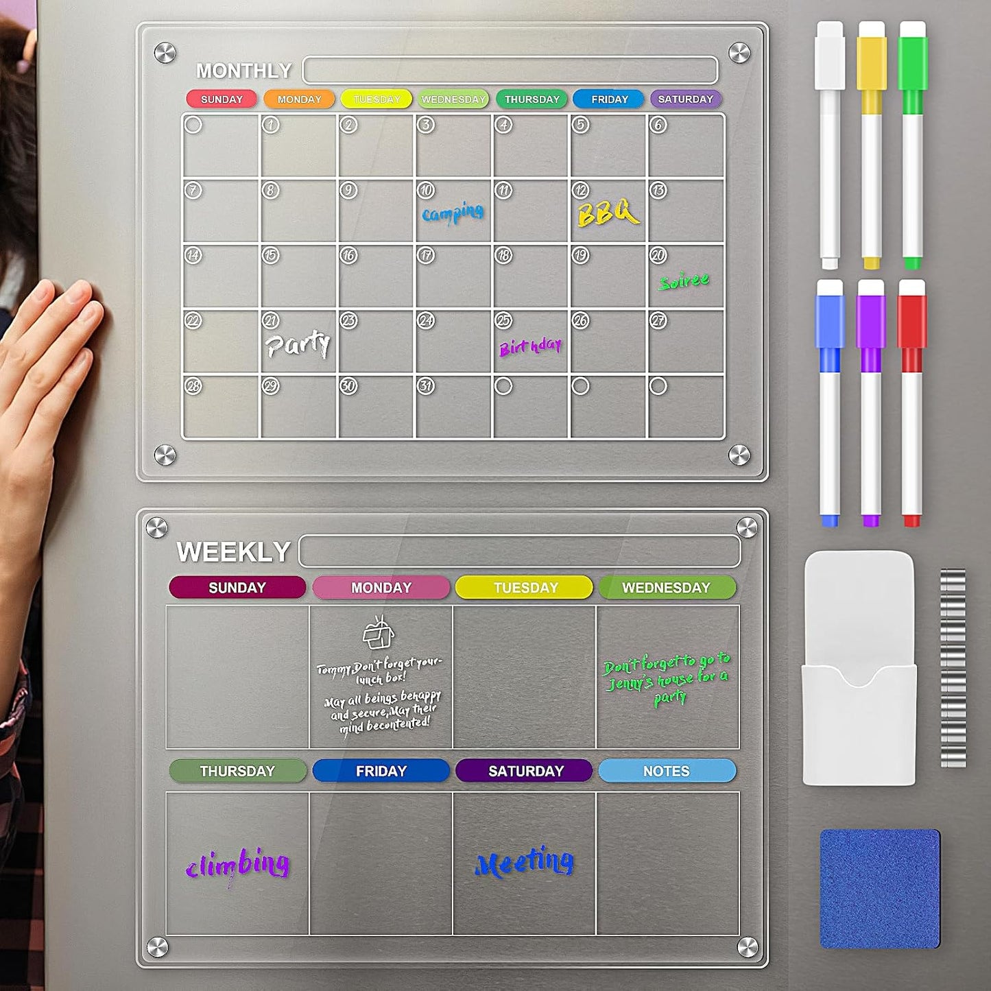 Acrylic Magnetic Calendar for Fridge, Monthly Planning Board, Fridge Skylight Calendar for Wall, Clear Dry Erase Planner Boards Set, 16"x12" Noteboard to Do/Anniversary/Shopping List