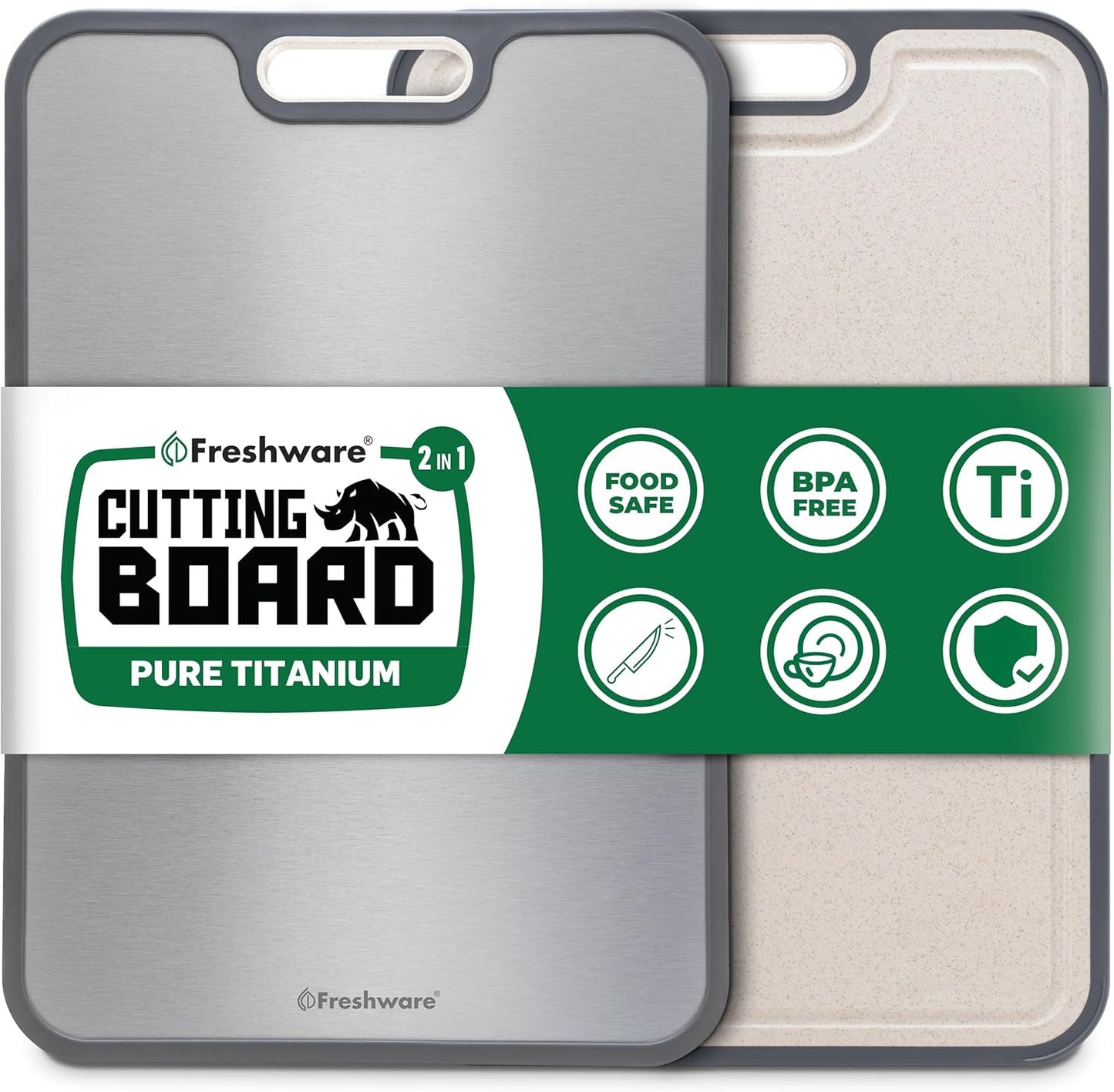 Freshware Titanium Cutting Board for Kitchen, Set of 2, Double Sided Cutting Boards, Pure Titanium/PP, Chopping Board with Juice Grooves, Dishwasher Safe, Medium 12.1" by 8.3" and Large 16.2" by 11"