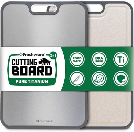 Freshware Titanium Cutting Board for Kitchen, Set of 2, Double Sided Cutting Boards, Pure Titanium/PP, Chopping Board with Juice Grooves, Dishwasher Safe, Medium 12.1" by 8.3" and Large 16.2" by 11"