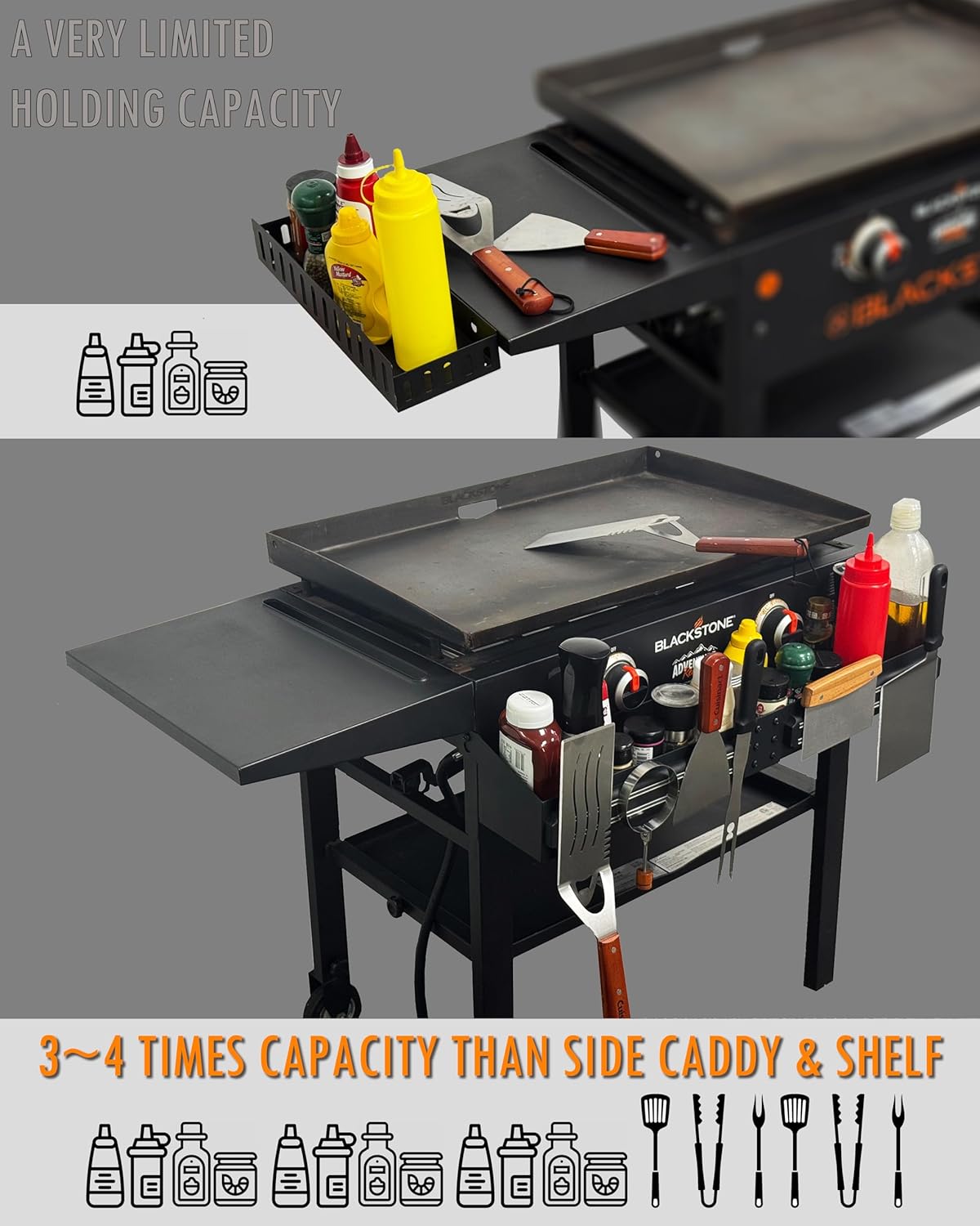 Front Griddle Caddy for Blackstone 28/28XL Inch With Two Magnetic Tool Holders, Large Capacity for Blackstone Griddle Accessories 28 Inches Bottle Storage, Easy Front Access, Black Stone Caddy