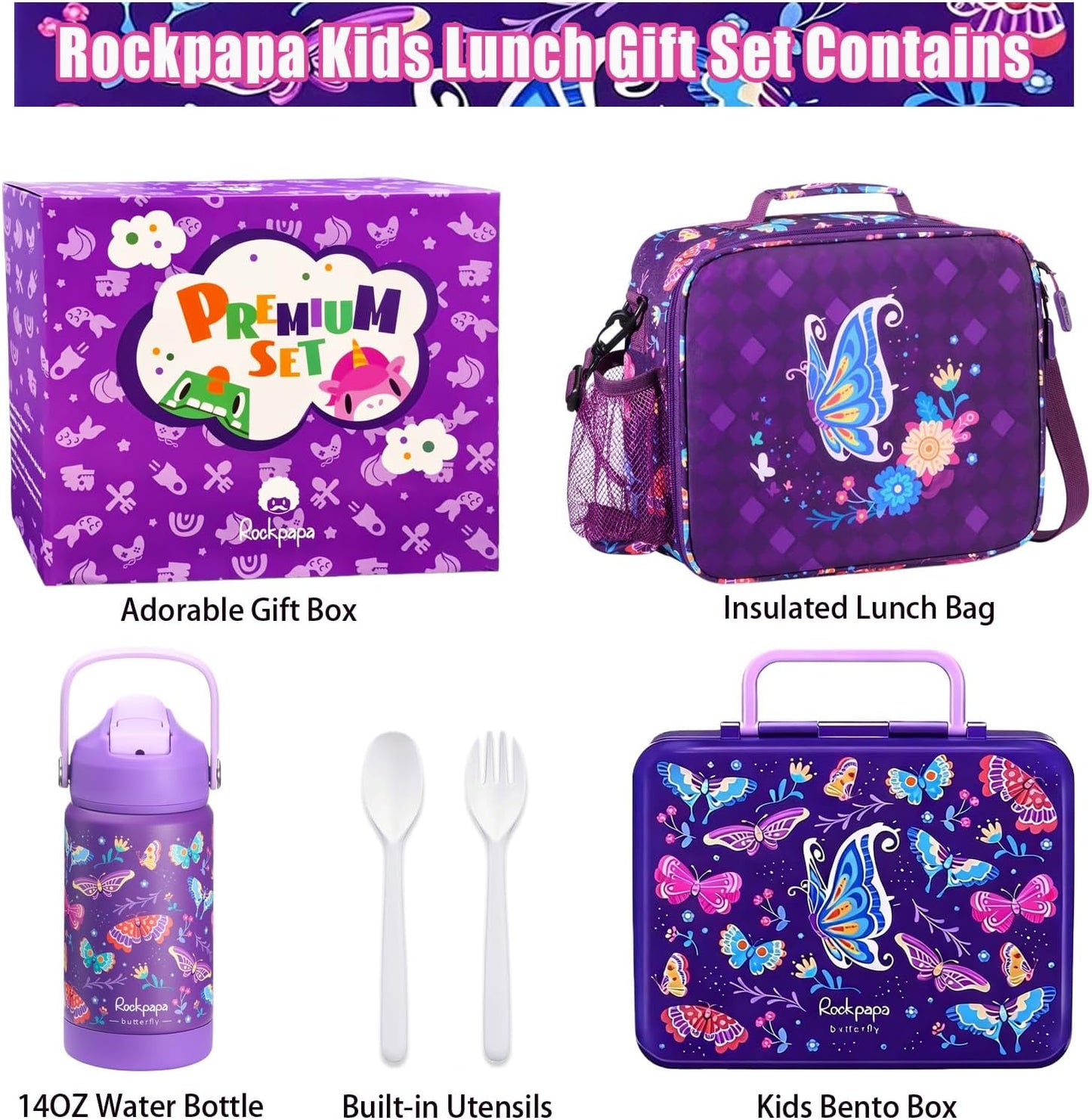 rockpapa Kids Lunch Box Set with 14oz Insulated Water Bottle & Lunch Bag, Leakproof 5.5 Cups Bento Box for School & Children, BPA-Free, Microwave Safe for Boys Girls (Grey Constr Turcks)