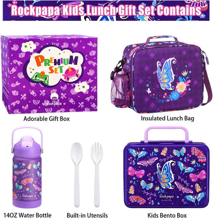 rockpapa Kids Lunch Box Set with 14oz Insulated Water Bottle & Lunch Bag, Leakproof 5.5 Cups Bento Box for School & Children, BPA-Free, Microwave Safe for Boys Girls (Grey Constr Turcks)