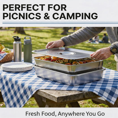 Grill Prep Tray & Serving Tray Set with Lids –5-Piece Grill Carry System for Marinating, Carrying & Serving, Stainless Steel BBQ Trays, BBQ Prep Grill Pan with 2 Lids and 1 Rack