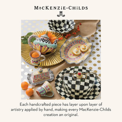 MACKENZIE-CHILDS Cake Carrier, Cake-Dish Serving Platter with Lid and Handles, White Flower Market with Black-and-White Courtly Check