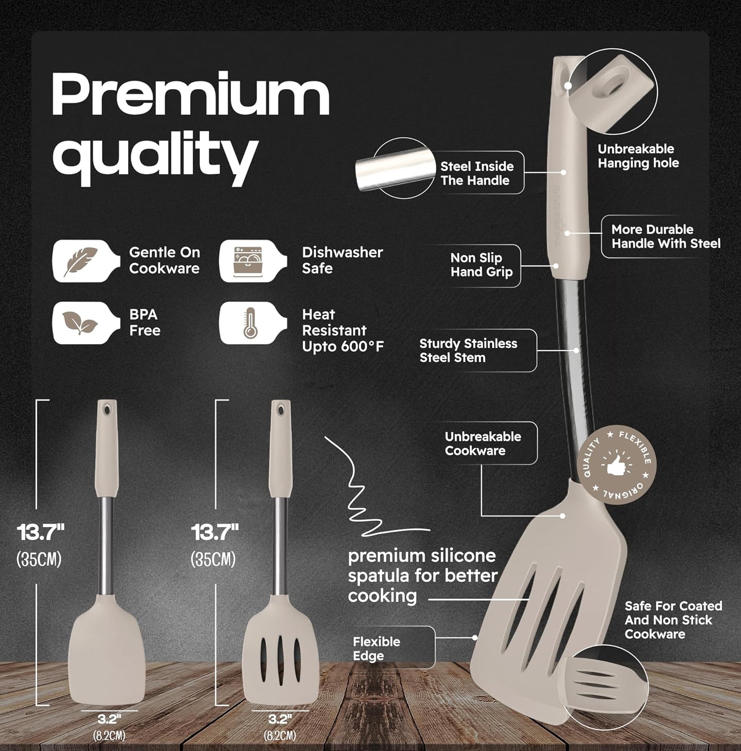 BakeRoyal Silicone Spatula Set - Turner Spatulas Silicone Heat Resistant 600°F - Slotted & Solid Spatula for Cooking Fish, Eggs, Pancakes Flipper – Spatulas for kitchen use – Black