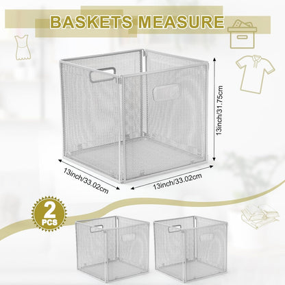 Funnymoom 2 Pcs Foldable Metal Wire Basket 13 x 13 Inch Black Cube Storage Bins Stackable Wire Laundry Baskets Organizer with Handle for Shelves Pantry Cabinet File Graduation Gift