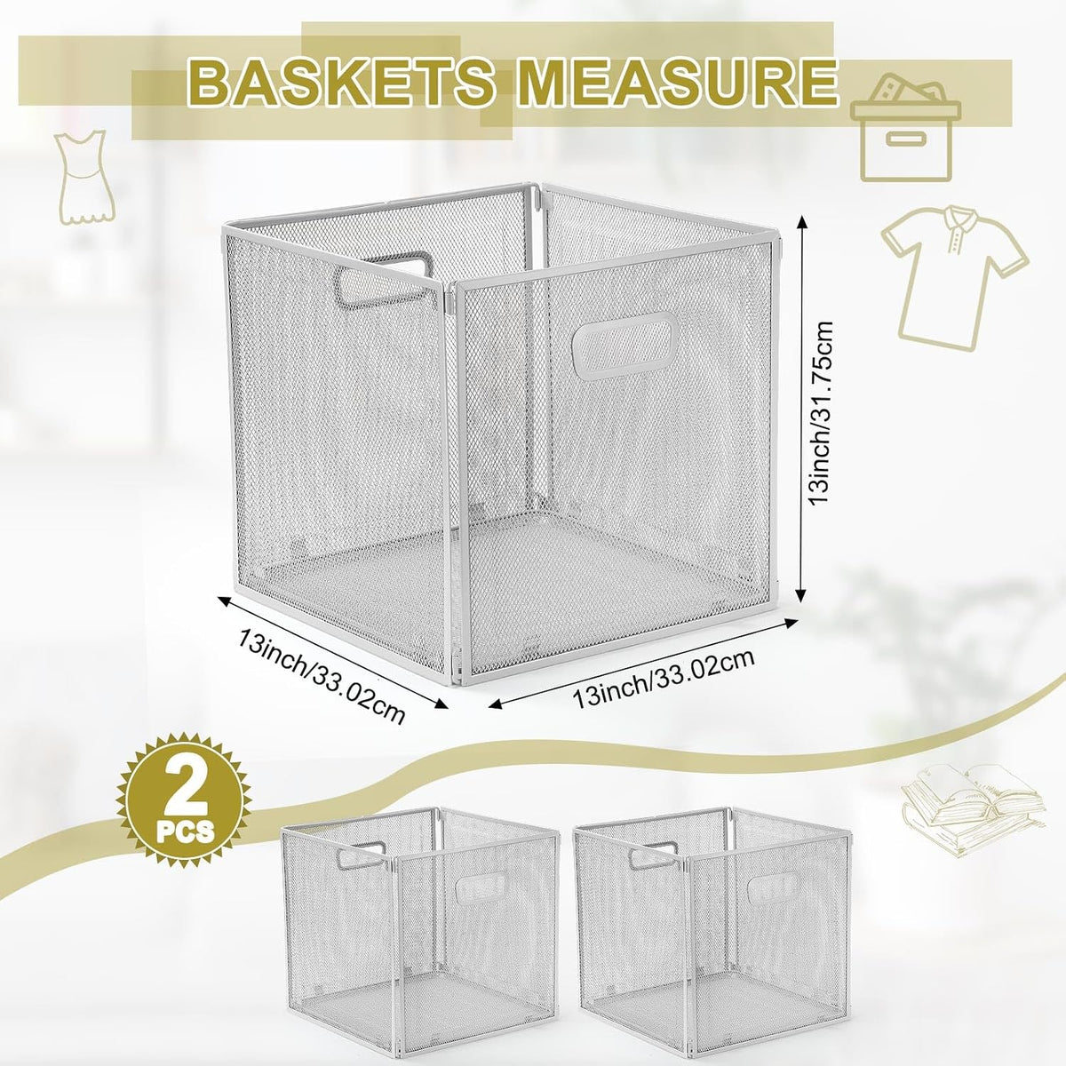 Funnymoom 2 Pcs Foldable Metal Wire Basket 13 x 13 Inch Black Cube Storage Bins Stackable Wire Laundry Baskets Organizer with Handle for Shelves Pantry Cabinet File Graduation Gift