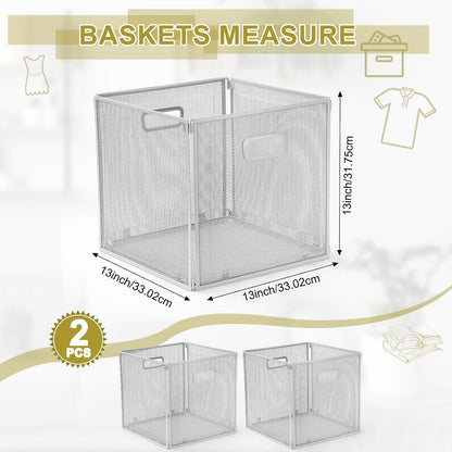 Funnymoom 2 Pcs Foldable Metal Wire Basket 13 x 13 Inch Black Cube Storage Bins Stackable Wire Laundry Baskets Organizer with Handle for Shelves Pantry Cabinet File Graduation Gift