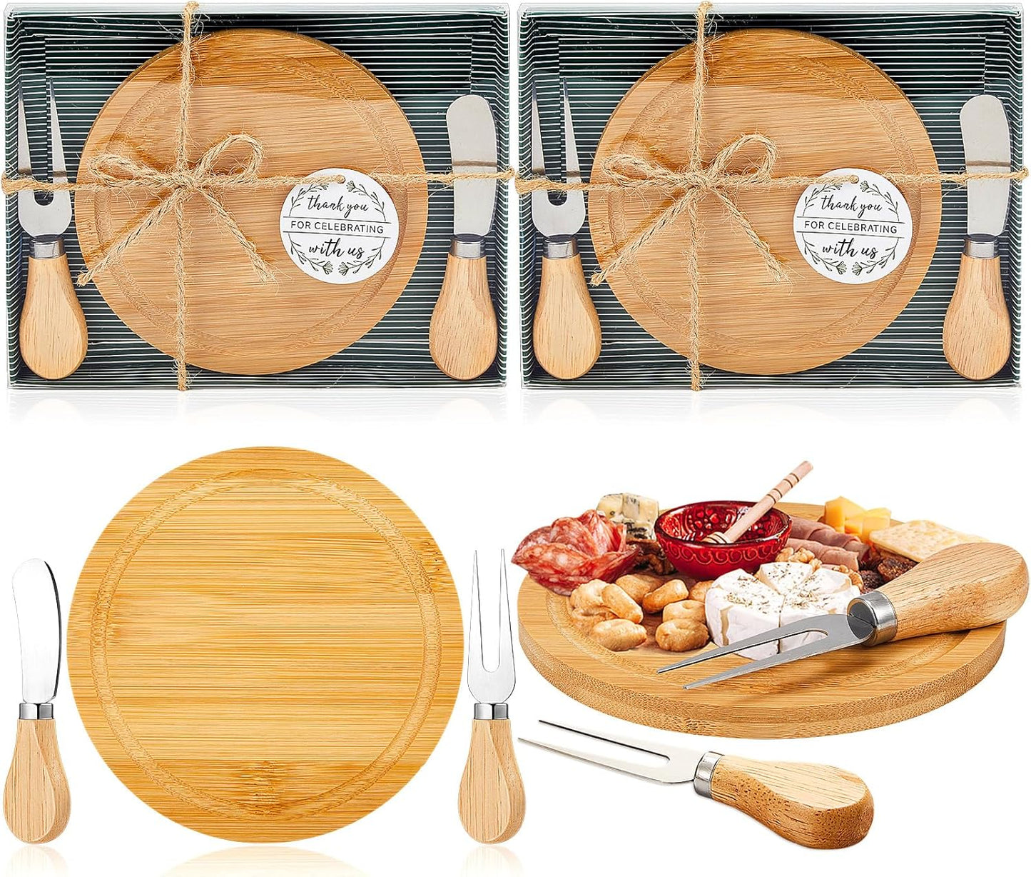 Maxcheck 6 Sets Baby Shower Bridal Game Prizes for Winners Round Cheese Board Set Wood Mini Charcuterie Board with Knives and Forks Thank You Card with Gift Box for Guests Wedding (Bamboo)